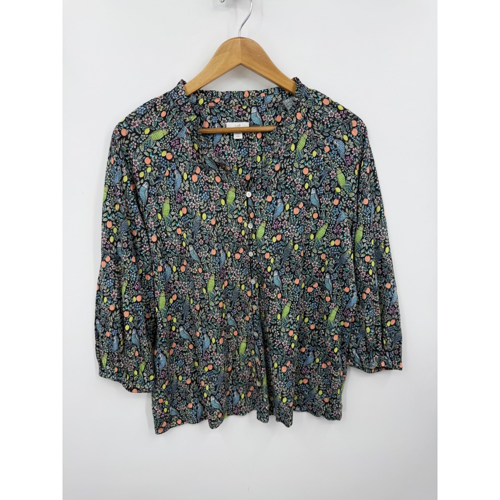 J. Jill Botanical Bird Print Knit Top Women Large Petite Black Floral Parakeet
